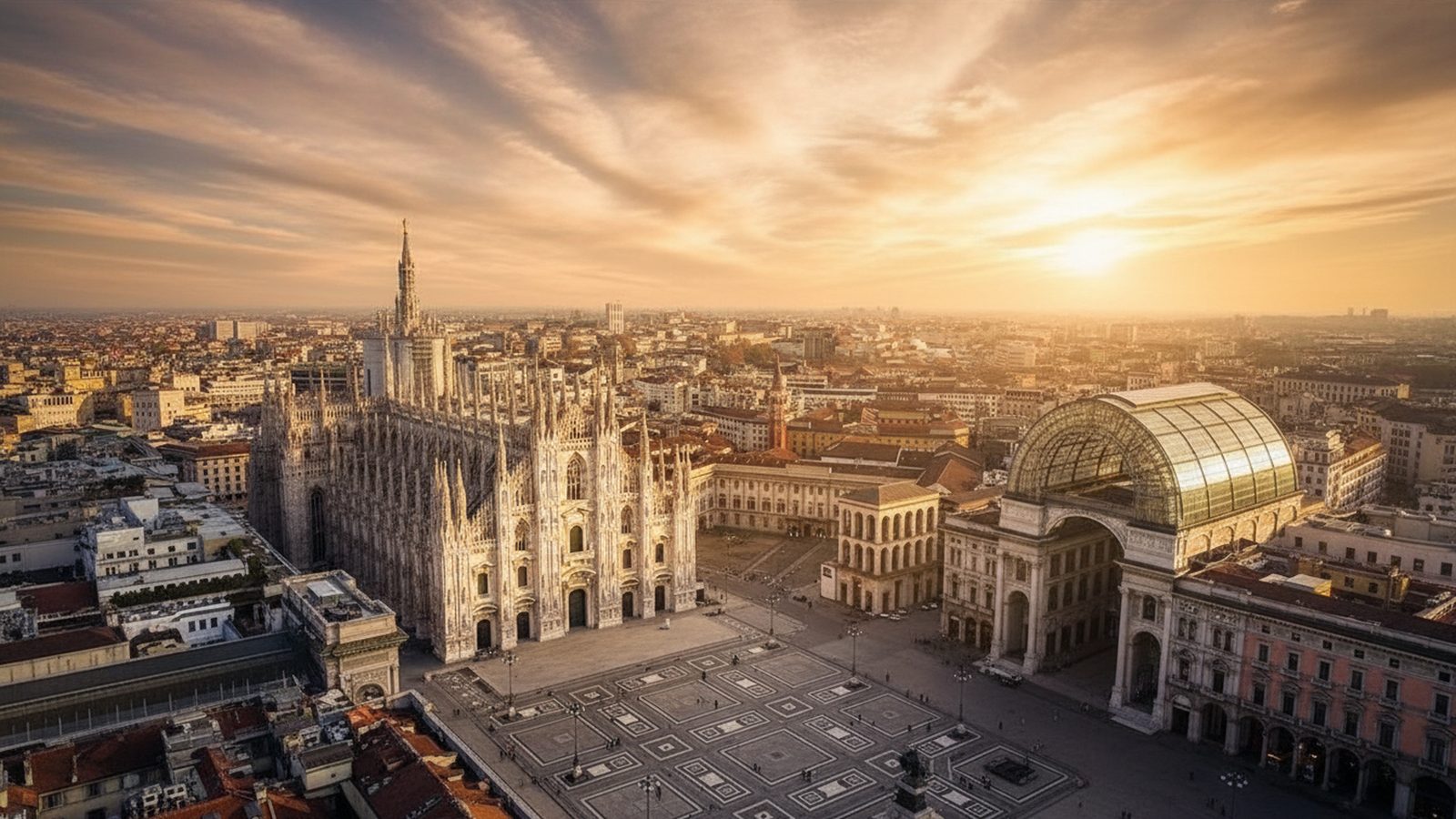 Piazza del Duomo vista dall'alto al tramonto, con la cattedrale e l'ingresso della Galleria